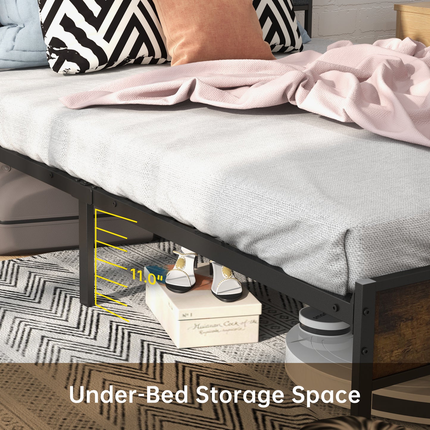 Full Size Bed Frame with Storage Headboard, Metal Platform and Charging Station, Brown