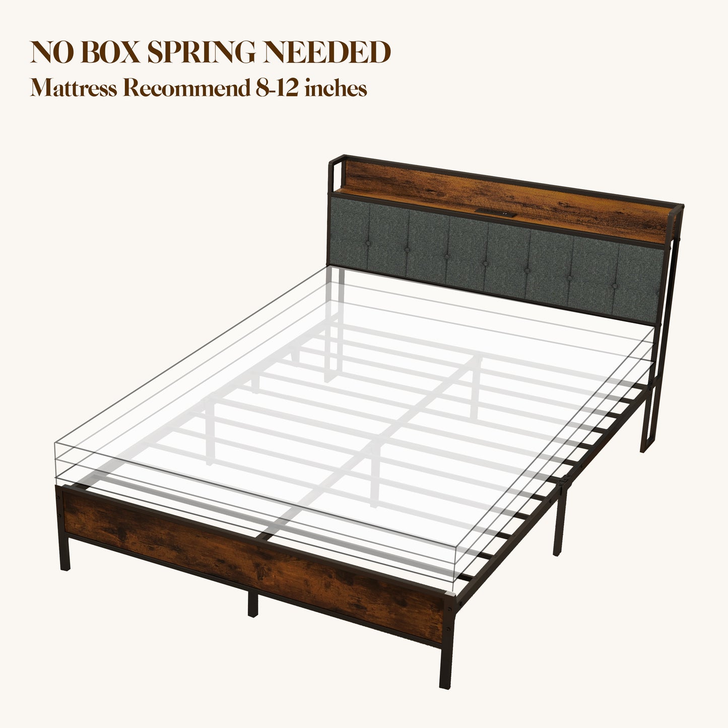 Queen Size Bed Frame with Storage Headboard, Metal Platform and Charging Station, Brown