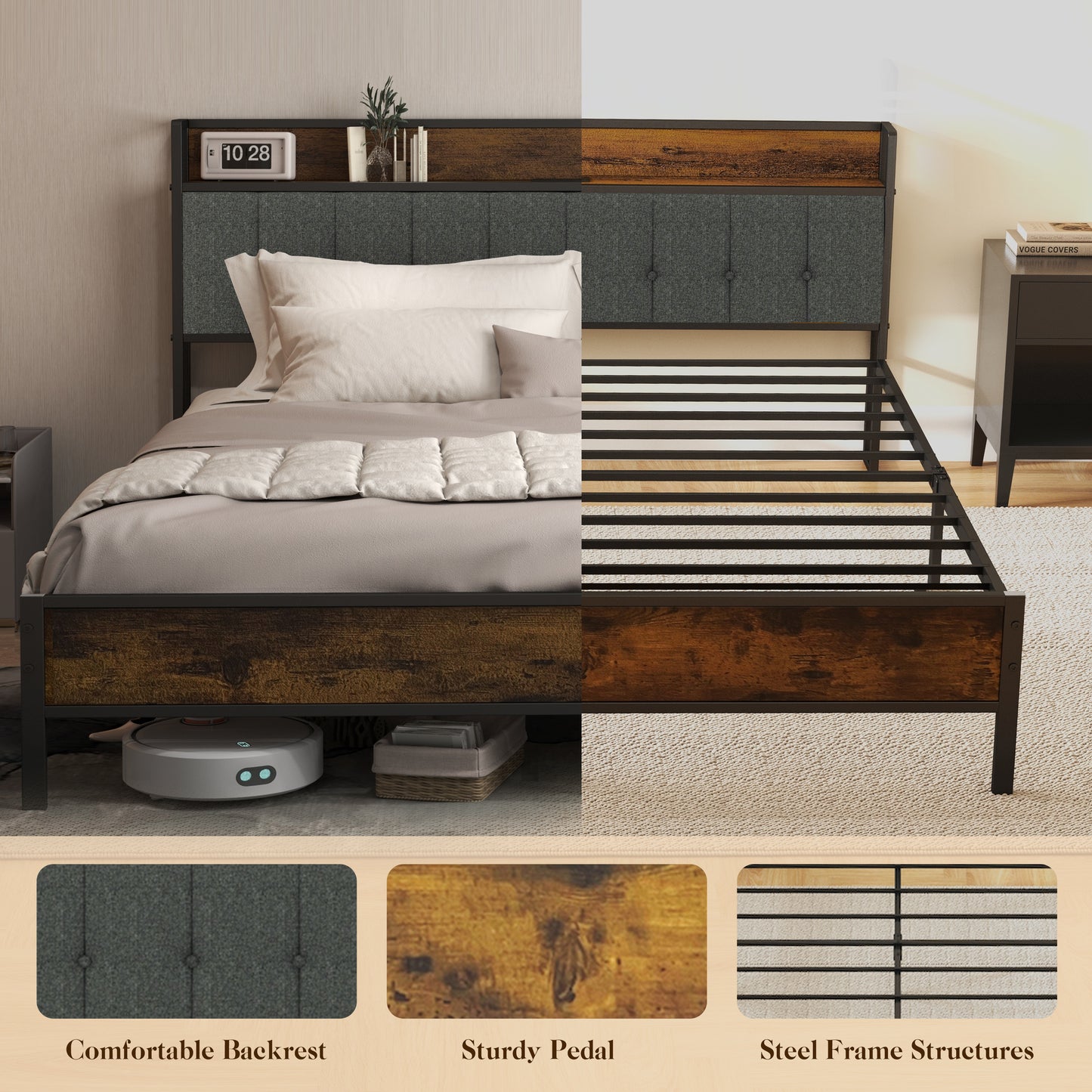 Queen Size Bed Frame with Storage Headboard, Metal Platform and Charging Station, Brown