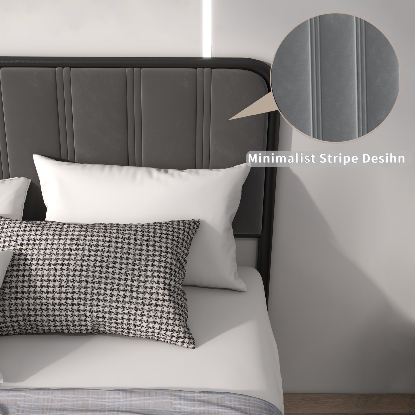 Bed Frame Queen Size - Upholstered Fabric Headboard, Steel Slat Support, Ample Storage, No Box Spring Needed - Easy Assembly, Black