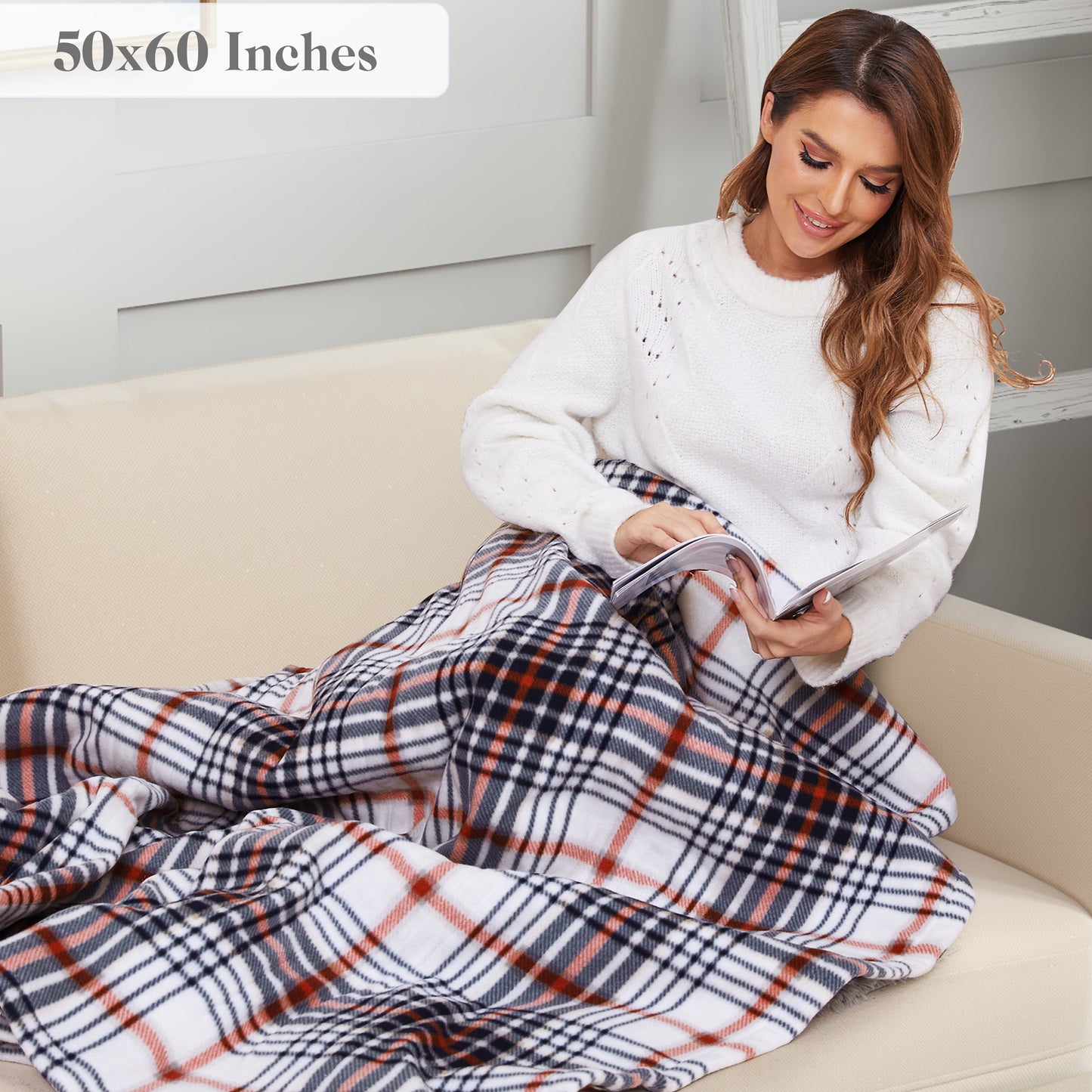 Heated Throw Blanket 50"x 60" Soft Plaid Flannel Electric Blanket with 4 Heating Levels & 3 Hours Auto Shut off, Machine Washable for Sofa & Office - Blue & White