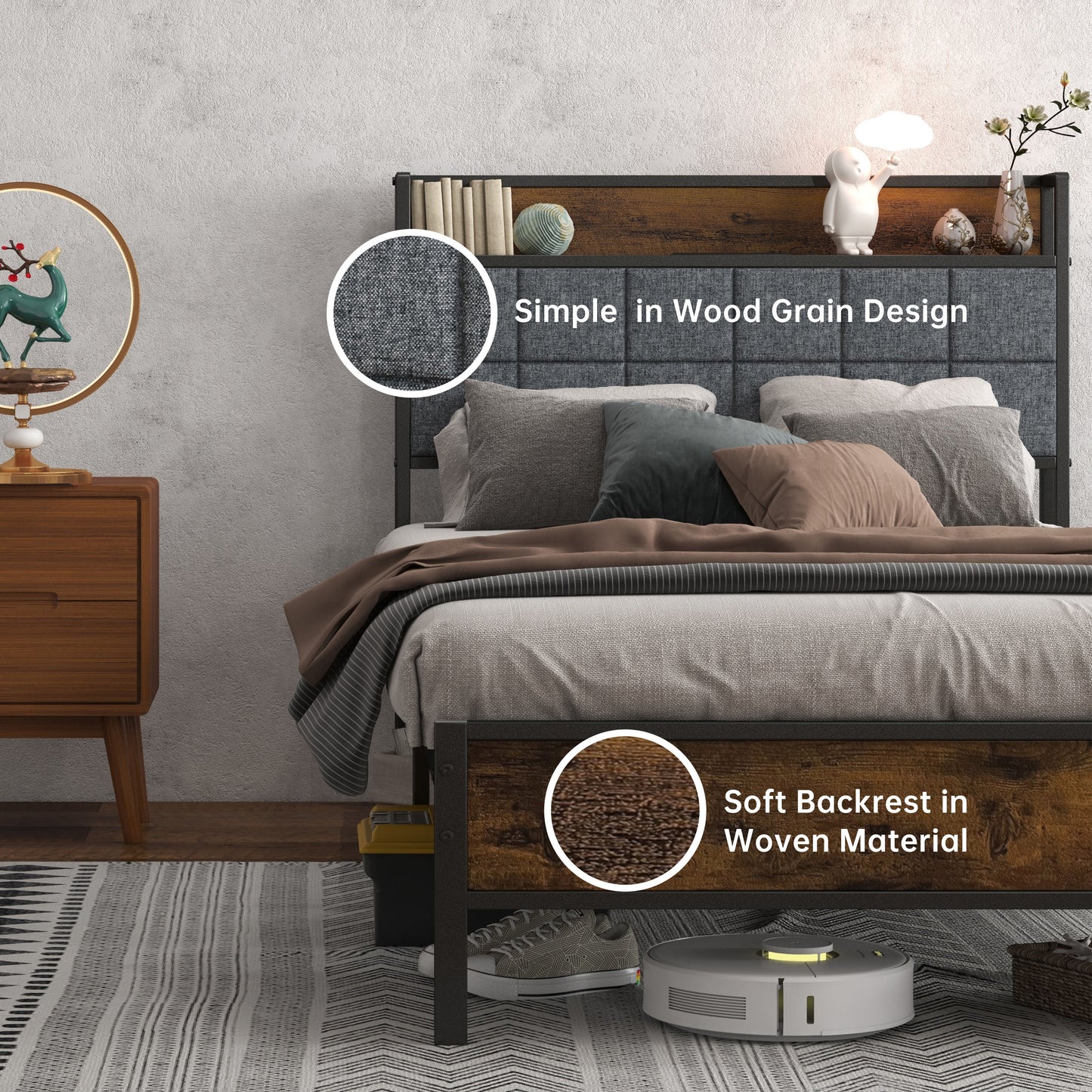 Twin Size Bed Frame with Storage Headboard, Metal Platform and Charging Station, Brown