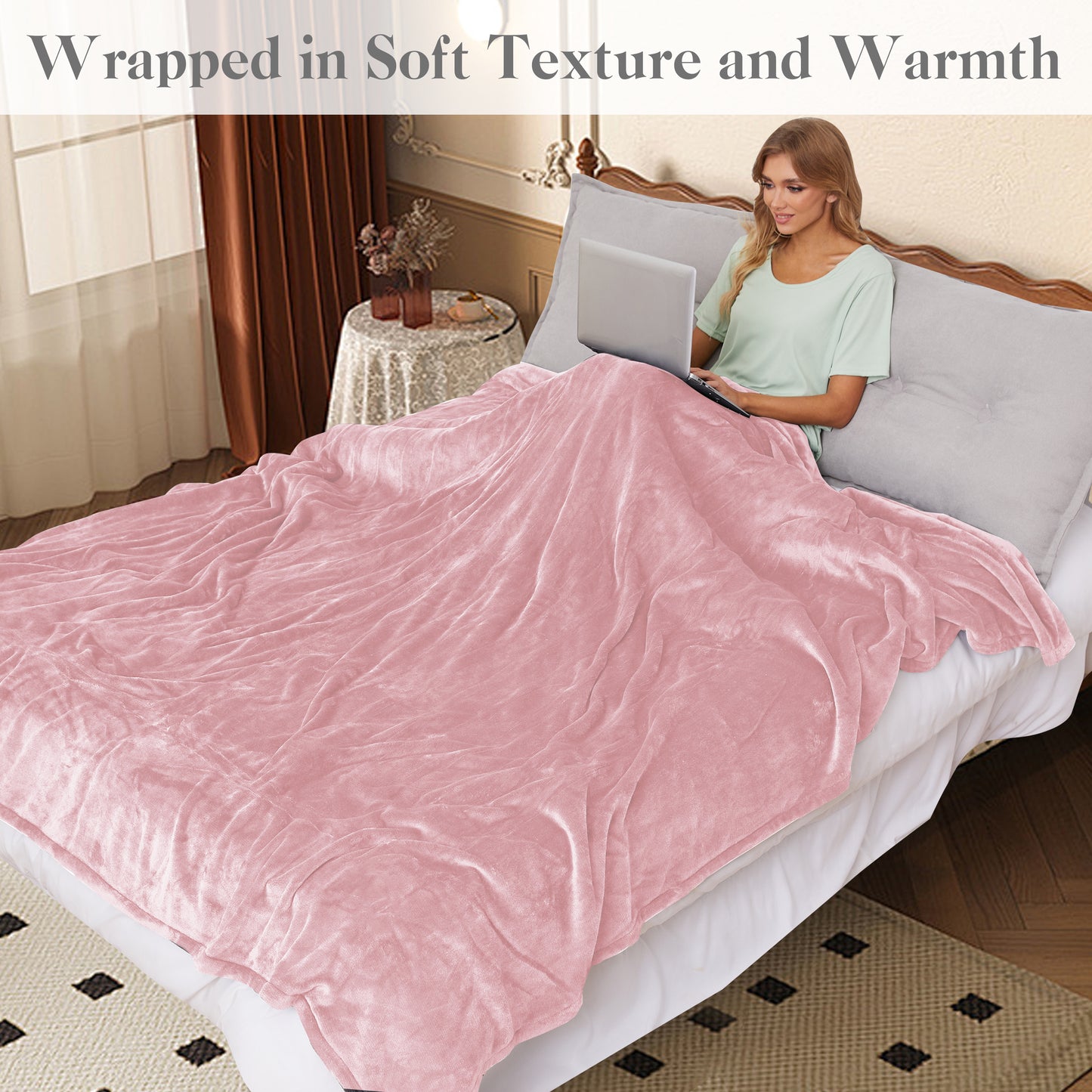 Electric Blanket 72"x 84" Full Size Soft Warm Flannel Fast Heating Blanket, 4 Fast Heating Levels & 10H Auto off, Multi-Color Option, for Home Office, Light Pink