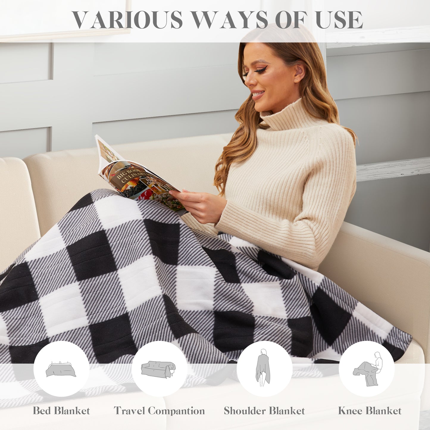 Heated Throw Blanket 50"x 60" Soft Plaid Flannel Electric Blanket with 4 Heating Levels & 3 Hours Auto Shut off, Machine Washable for Sofa & Office - Black & White