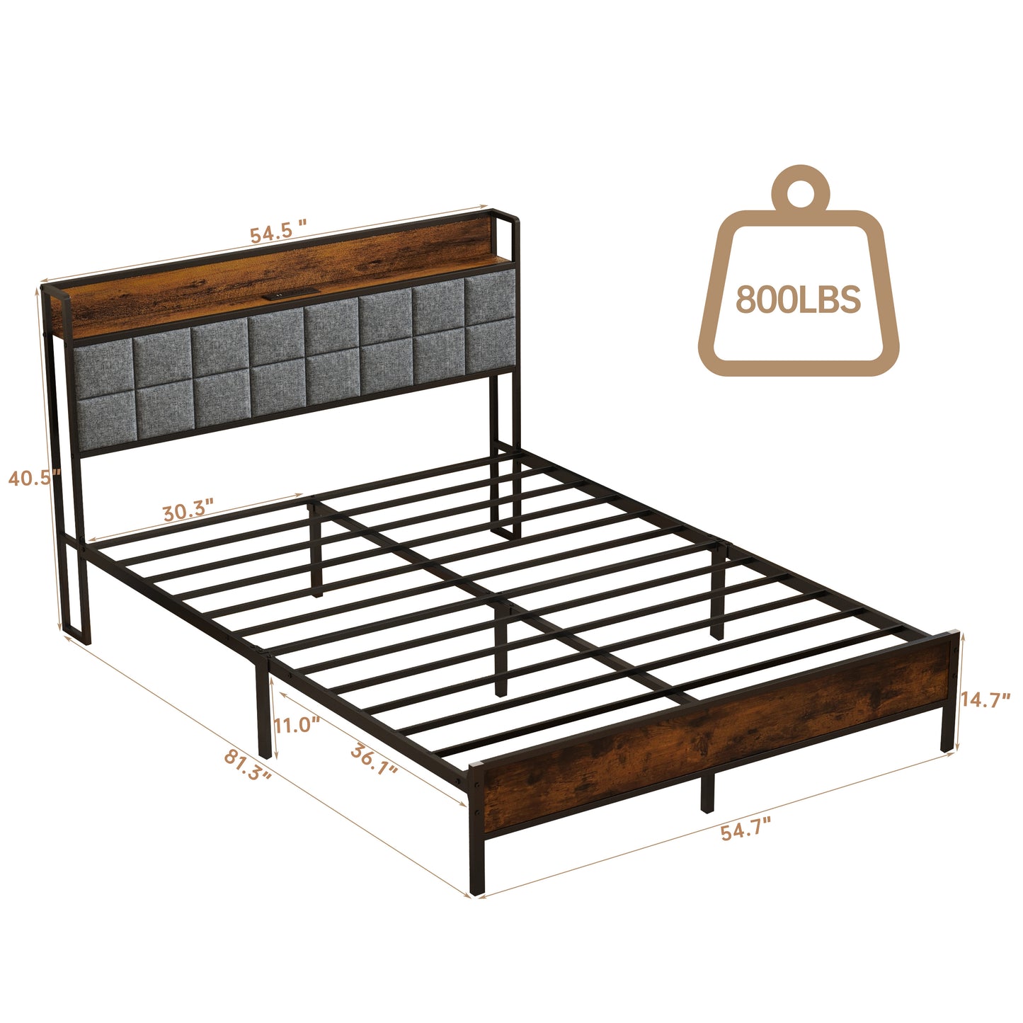 Full Size Bed Frame with Storage Headboard, Metal Platform and Charging Station, Brown