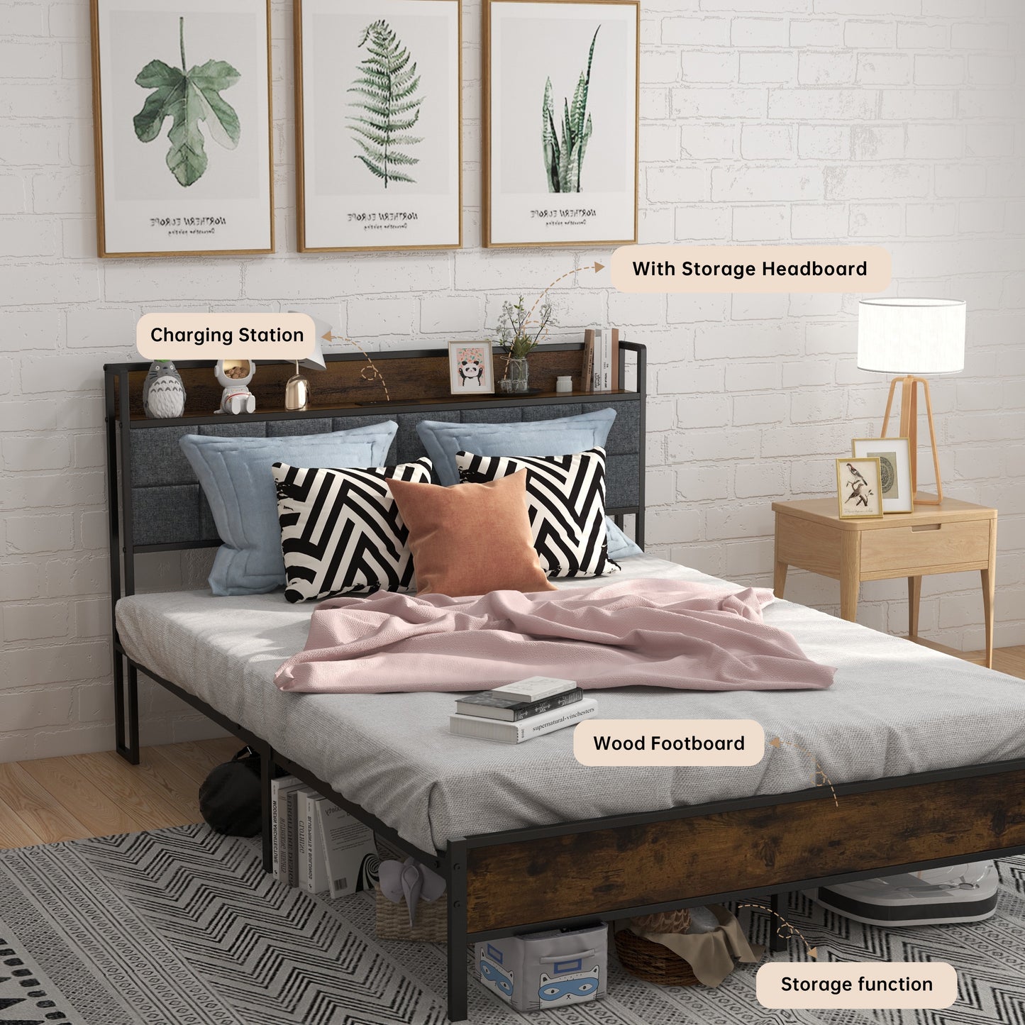 Full Size Bed Frame with Storage Headboard, Metal Platform and Charging Station, Brown