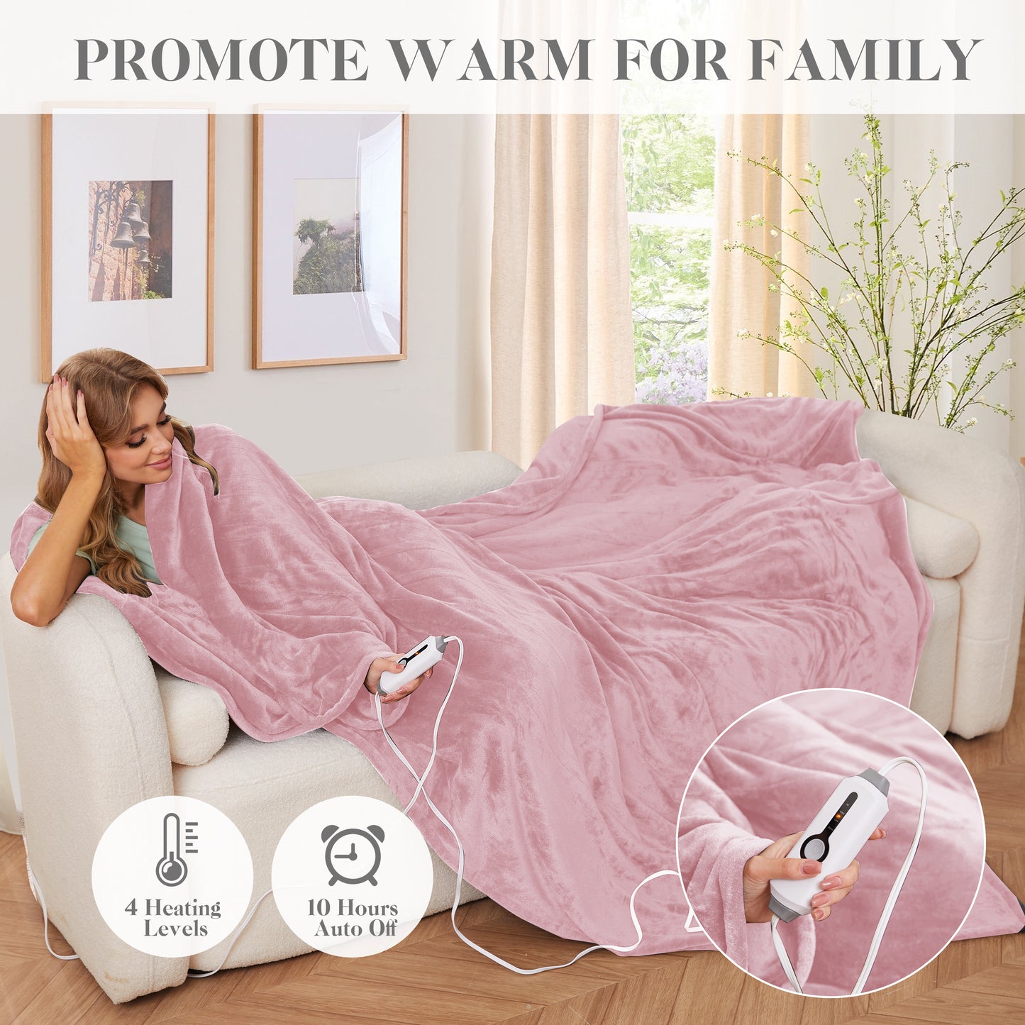 Electric Blanket 72"x 84" Full Size Soft Warm Flannel Fast Heating Blanket, 4 Fast Heating Levels & 10H Auto off, Multi-Color Option, for Home Office, Light Pink
