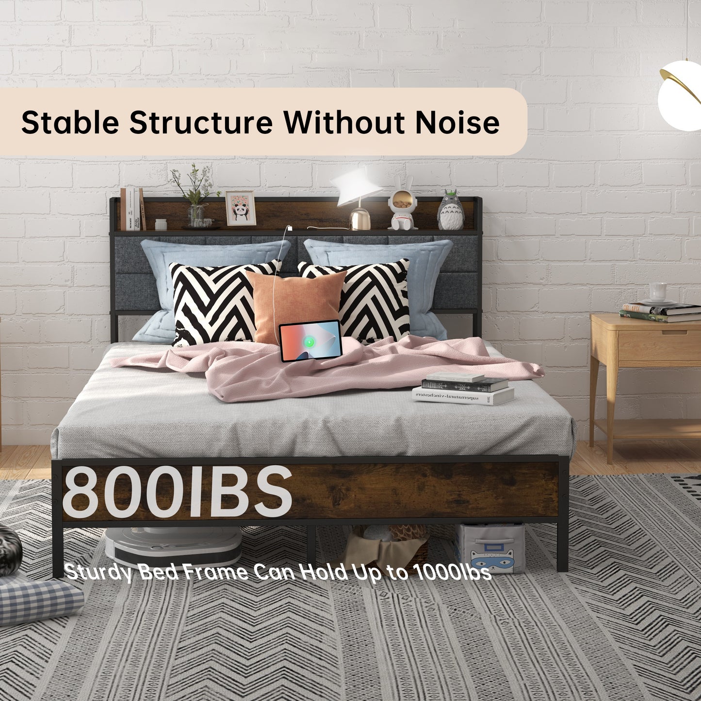 Full Size Bed Frame with Storage Headboard, Metal Platform and Charging Station, Brown