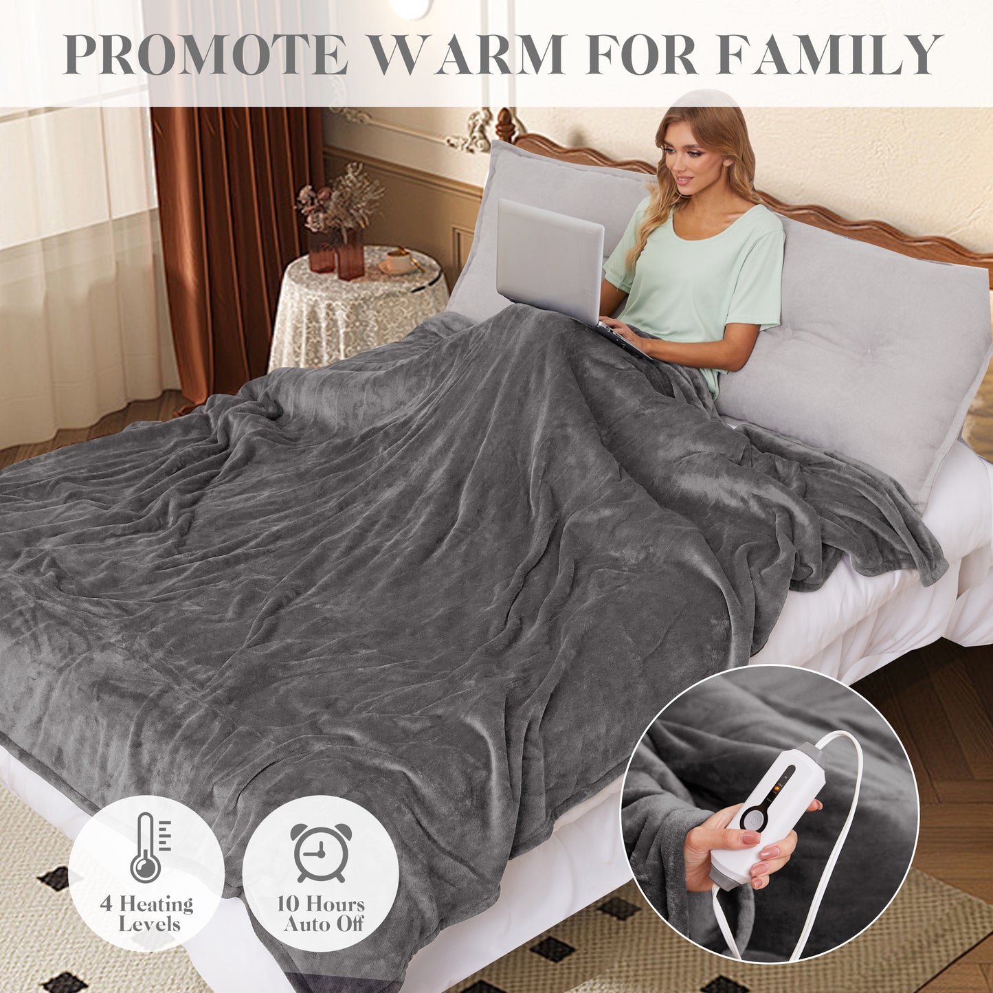 Electric Blanket 72"x 84" Full Size Soft Warm Flannel Fast Heating Blanket, 4 Fast Heating Levels & 10H Auto off, Multi-Color Option, for Home Office, Light Grey