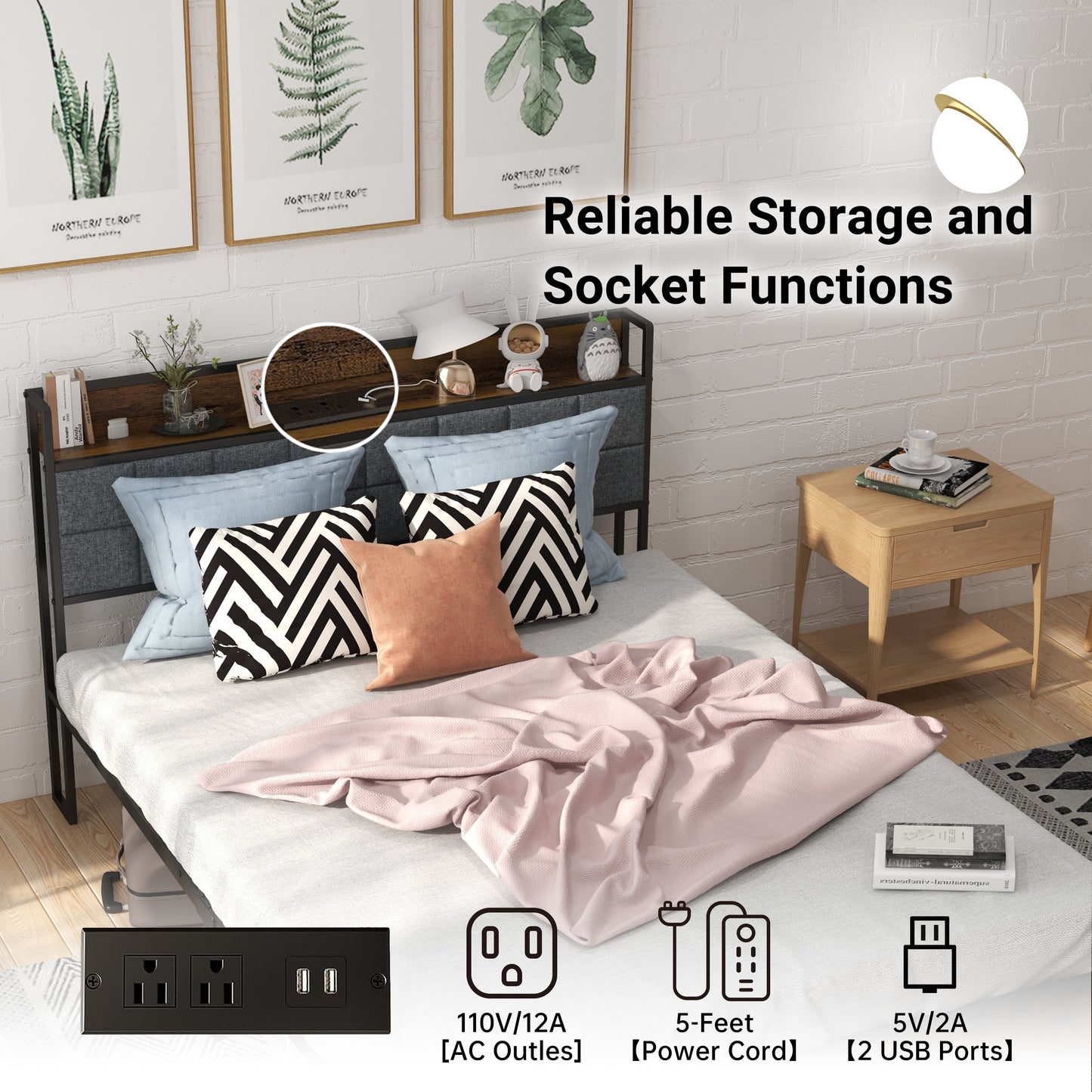 Full Size Bed Frame with Storage Headboard, Metal Platform and Charging Station, Brown
