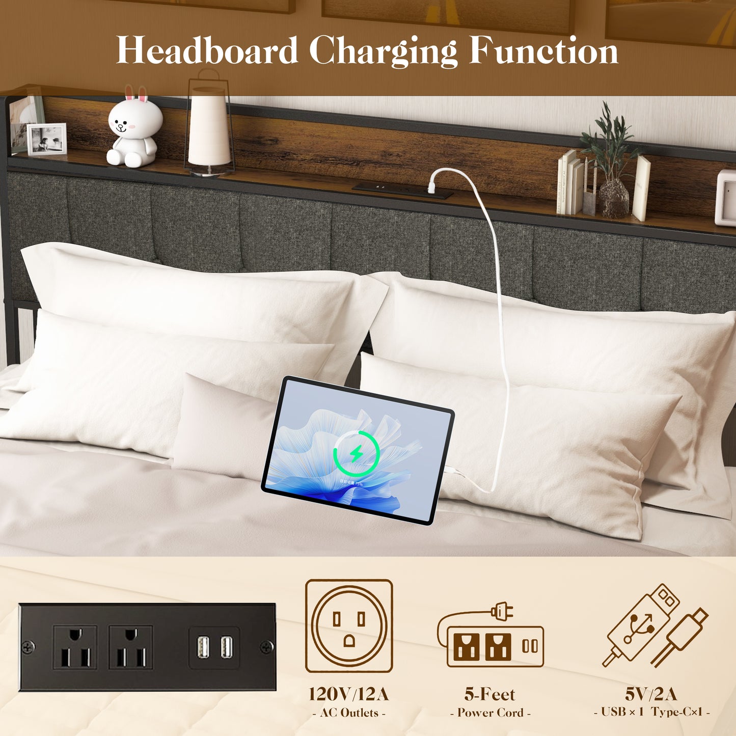 Queen Size Bed Frame with Storage Headboard, Metal Platform and Charging Station, Brown