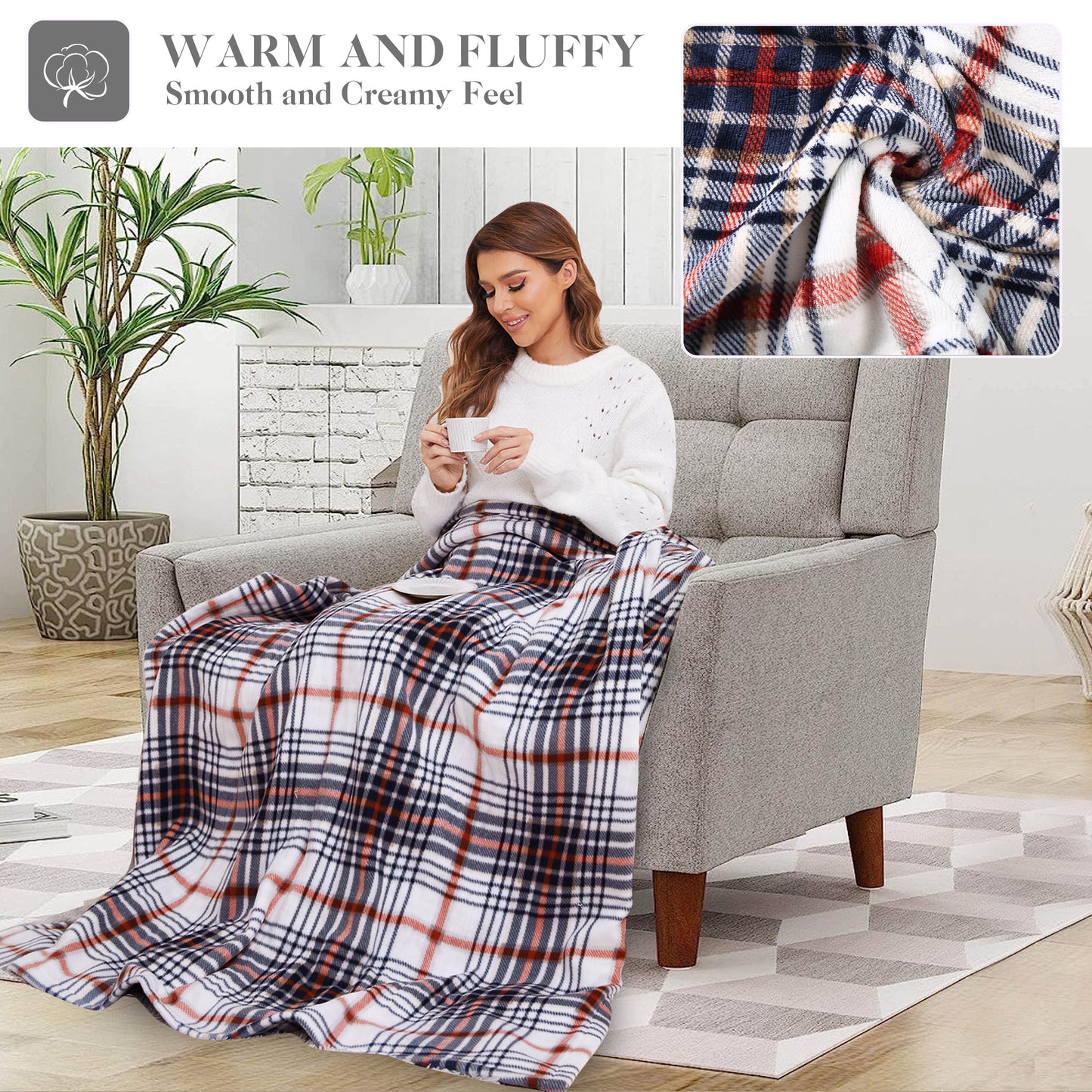 Heated Throw Blanket 50"x 60" Soft Plaid Flannel Electric Blanket with 4 Heating Levels & 3 Hours Auto Shut off, Machine Washable for Sofa & Office - Blue & White