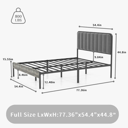 Bed Frame Full Size - Upholstered Fabric Headboard, Steel Slat Support, Ample Storage, No Box Spring Needed - Easy Assembly, Black