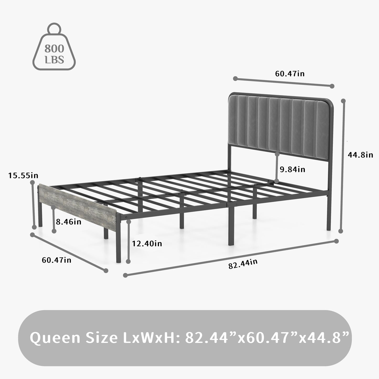 Bed Frame Queen Size - Upholstered Fabric Headboard, Steel Slat Support, Ample Storage, No Box Spring Needed - Easy Assembly, Black