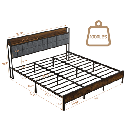 King Size Bed Frame with Storage Headboard, Metal Platform and Charging Station, Brown