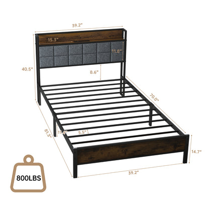 Twin Size Bed Frame with Storage Headboard, Metal Platform and Charging Station, Brown