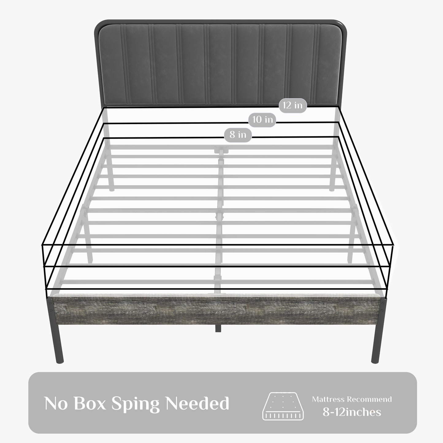 Bed Frame Full Size - Upholstered Fabric Headboard, Steel Slat Support, Ample Storage, No Box Spring Needed - Easy Assembly, Black