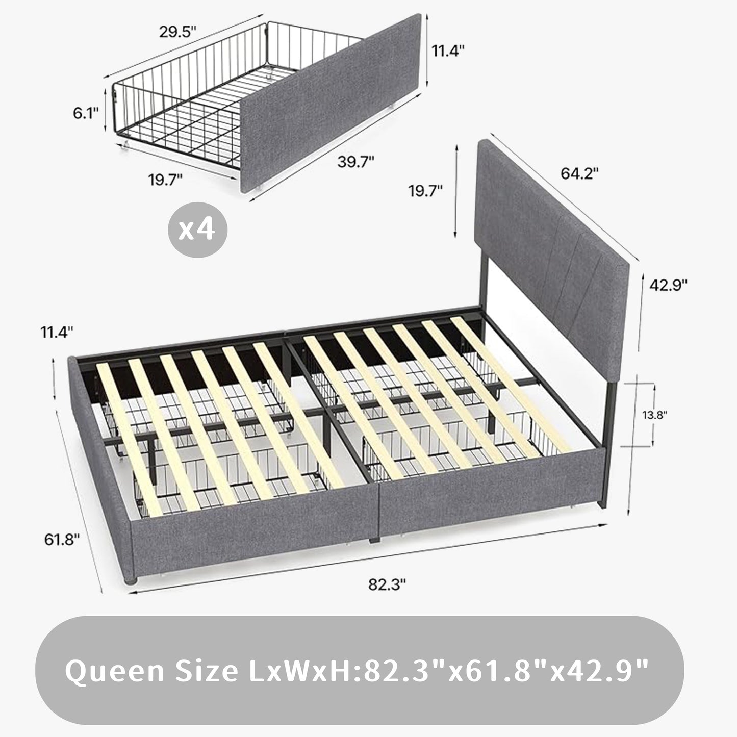 Bed Frame Queen Size with Upholstered Fabric Adjustable Headboard & 4 Storage Fixable Drawers, Steel Slat Support, Ample Storage, No Box Spring Needed - Easy Assembly, Dark Grey