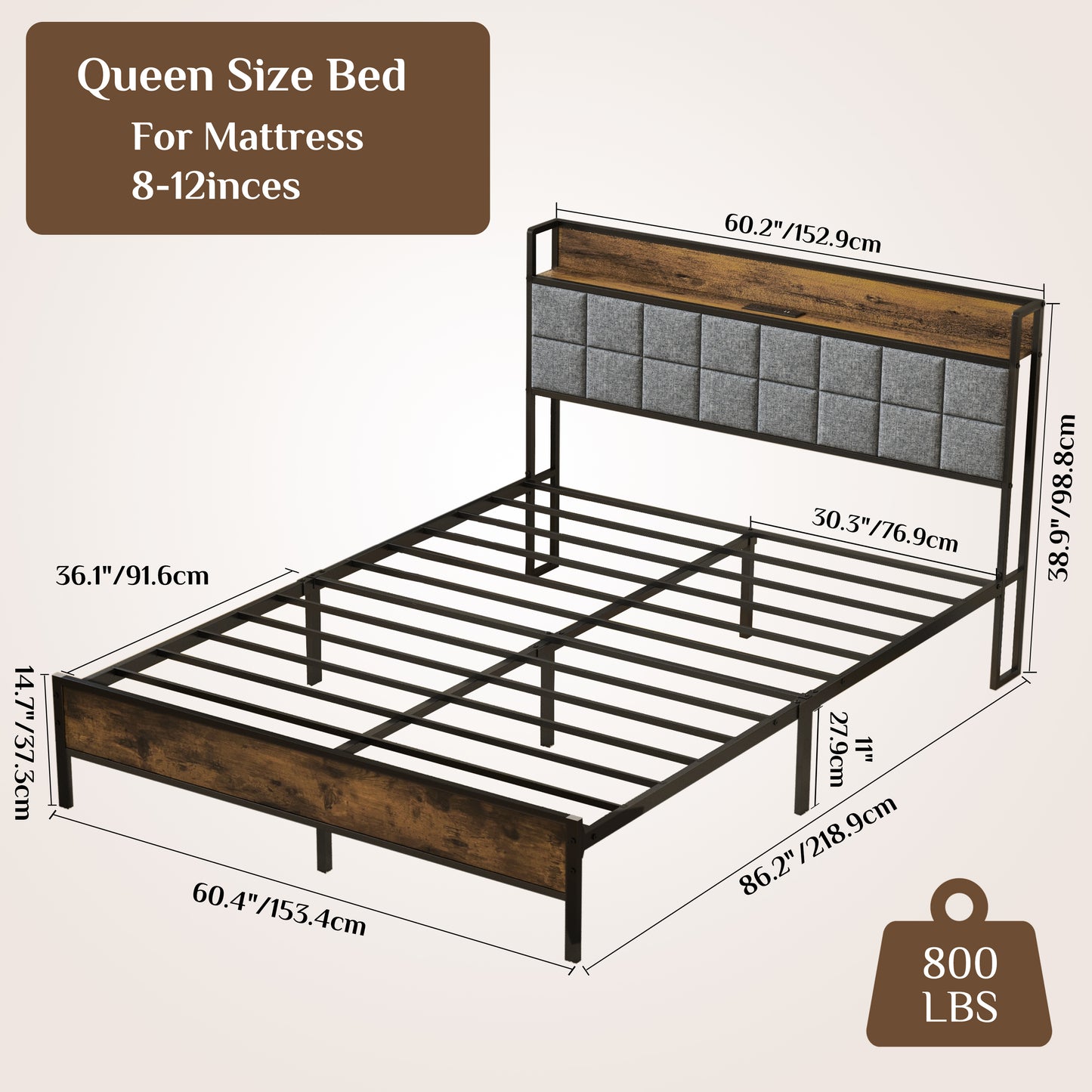 Queen Size Bed Frame with Storage Headboard, Metal Platform and Charging Station, Brown