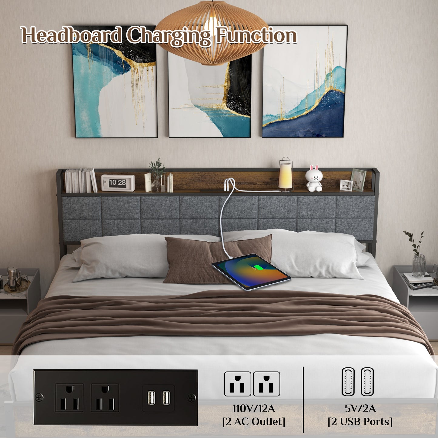 Queen Size Bed Frame with Storage Headboard, Metal Platform and Charging Station, Brown