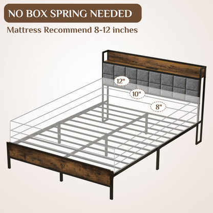 Queen Size Bed Frame with Storage Headboard, Metal Platform and Charging Station, Brown