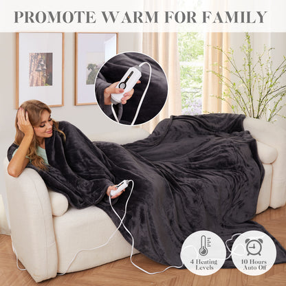 Electric Blanket 72"x 84" Full Size Soft Warm Flannel Fast Heating Blanket, 4 Fast Heating Levels & 10H Auto off, Multi-Color Option, for Home Office, Dark Grey