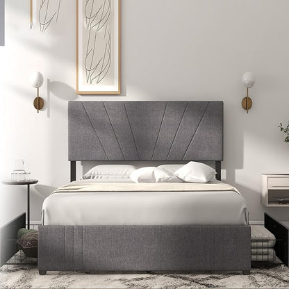 Bed Frame Queen Size with Upholstered Fabric Adjustable Headboard & 4 Storage Fixable Drawers, Steel Slat Support, Ample Storage, No Box Spring Needed - Easy Assembly, Dark Grey