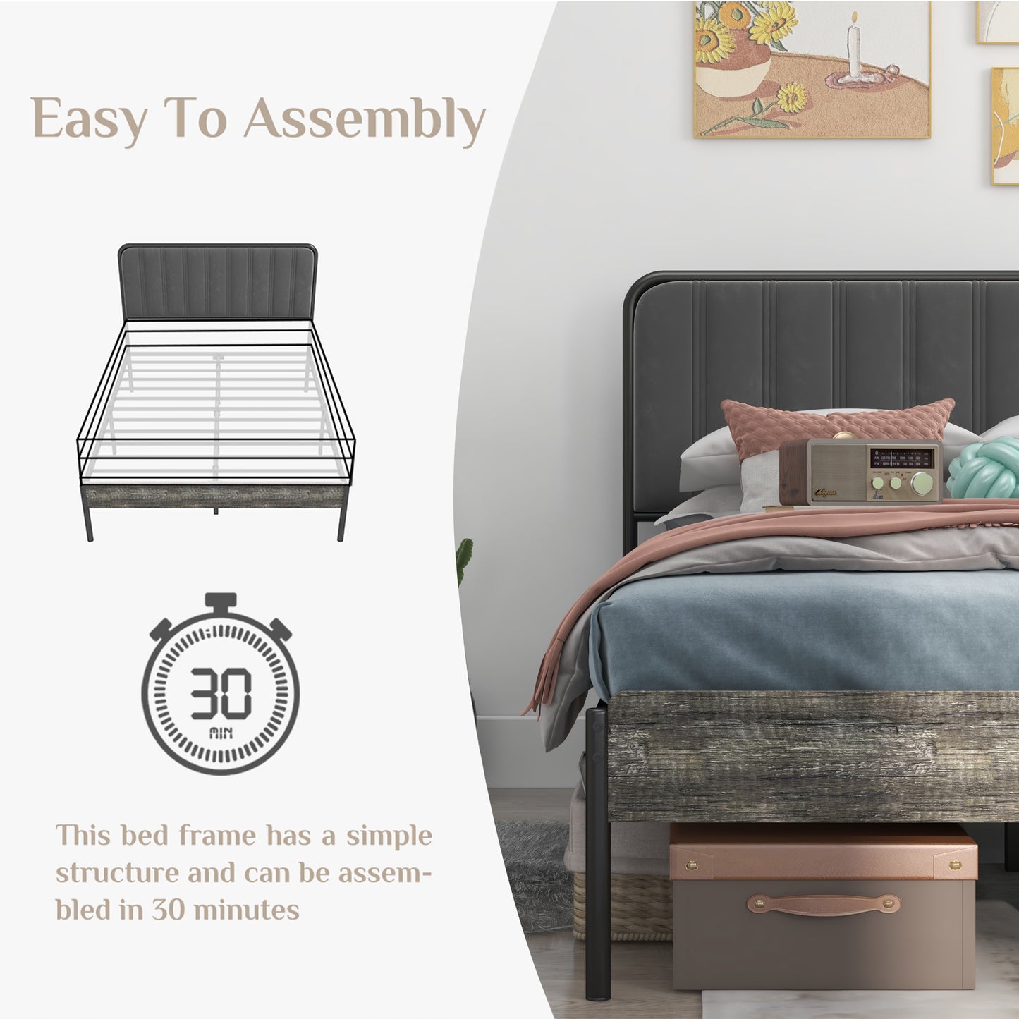 Bed Frame Full Size - Upholstered Fabric Headboard, Steel Slat Support, Ample Storage, No Box Spring Needed - Easy Assembly, Black