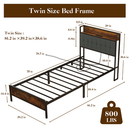 Twin Size Bed Frame, Storage Headboard with USB & Outlets Charging Ports, Metal Slats Platform Stable Noise, Easy Assembly, Black