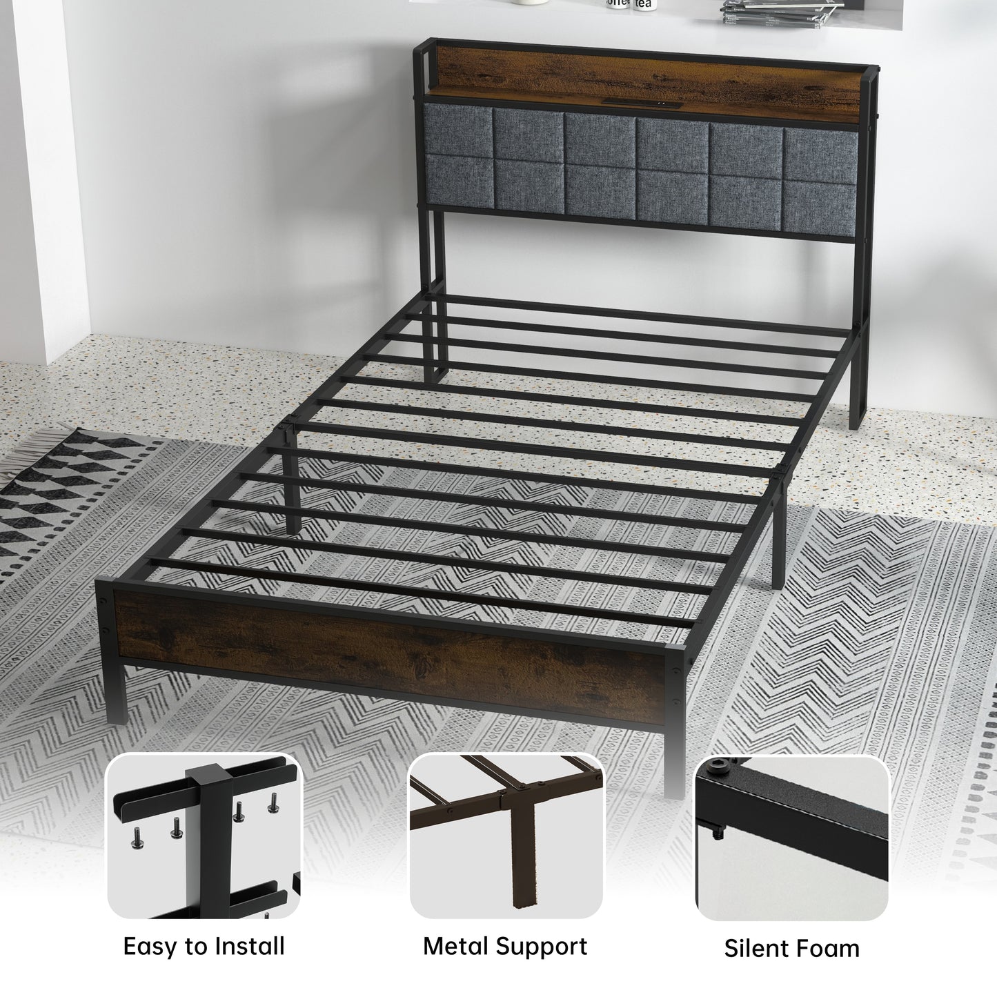 Twin Size Bed Frame with Storage Headboard, Metal Platform and Charging Station, Brown