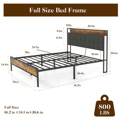 Full Size Bed Frame, Storage Headboard with USB & Outlets Charging Ports - Metal Slats Platform Bed Frame Stable is Noise - No Box Spring Needed and Easy Assembly, for Bedroom - Brown