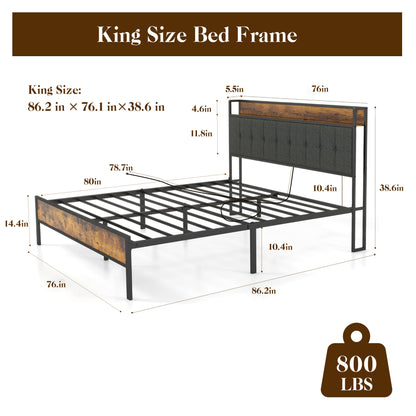 King Size Bed Frame, Storage Headboard with USB & Outlets Charging Ports, Metal Slats Platform Stable Noise, Easy Assembly, Black