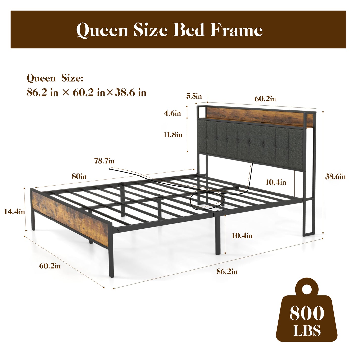 Queen Size Bed Frame with Storage Headboard, Metal Platform and Charging Station, Brown